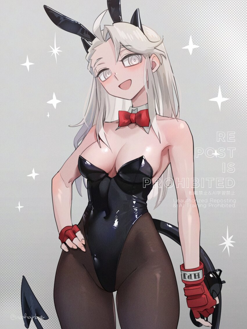 1girl :d absurdres alternate_costume animal_ears black_horns bow bowtie breasts brown_pantyhose cleavage demon_girl demon_tail detached_collar fake_animal_ears fingerless_gloves gloves grey_background grey_eyes grey_hair helltaker highres horns justice_(helltaker) leotard long_hair looking_at_viewer medium_breasts noah_(tettsui-sole) open_mouth pantyhose playboy_bunny rabbit_ears red_bow red_bowtie red_gloves smile solo sparkle tail twitter_username