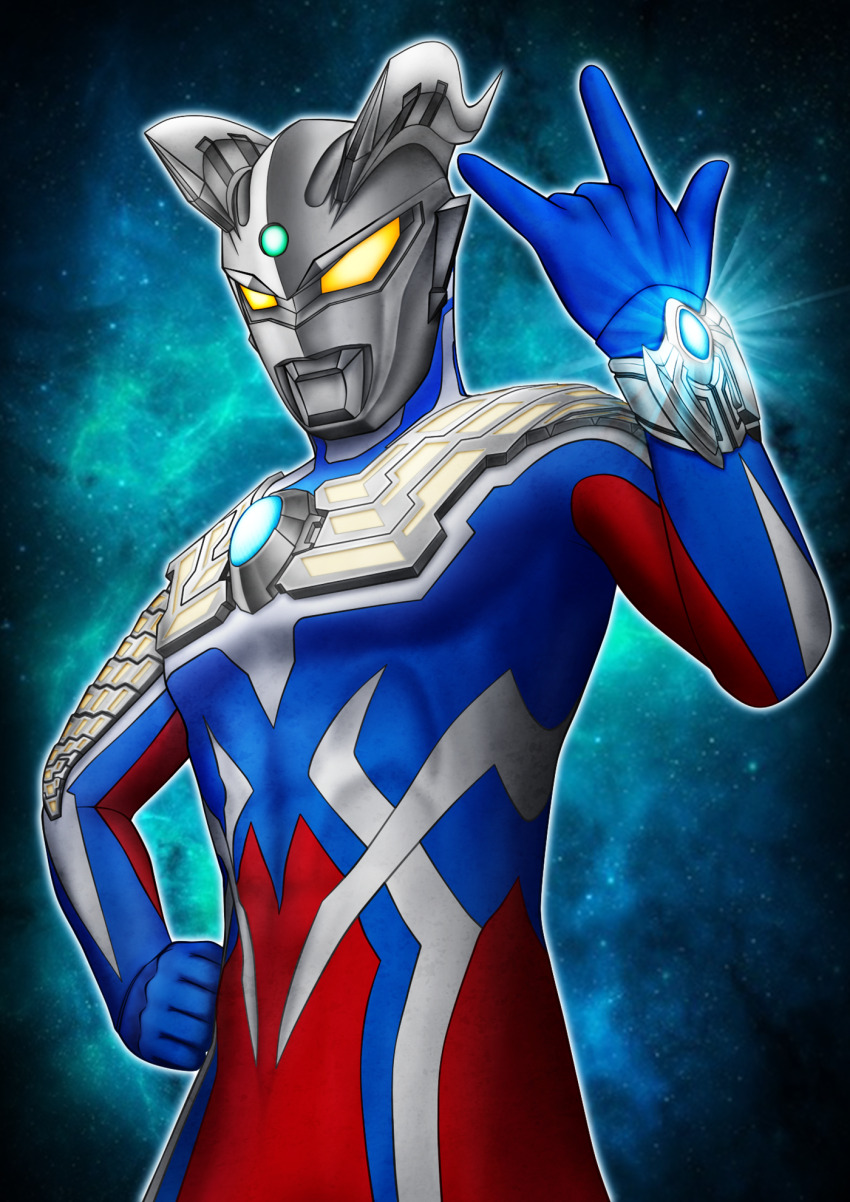 1boy \m/ abs alien armor blue_background blue_skin bracelet breastplate clenched_hand color_timer colored_skin commentary diffraction_spikes eye_slugger forehead_jewel gem glowing glowing_eyes green_gemstone hand_on_own_hip hand_up hetareman highres jewelry looking_ahead male_focus multicolored_skin muscular muscular_male pectorals red_skin silver_skin solo star_(sky) starry_sky_background tokusatsu ultra_bracelet_(ultraman_zero) ultra_galaxy_(series) ultra_series ultraman_zero upper_body yellow_eyes