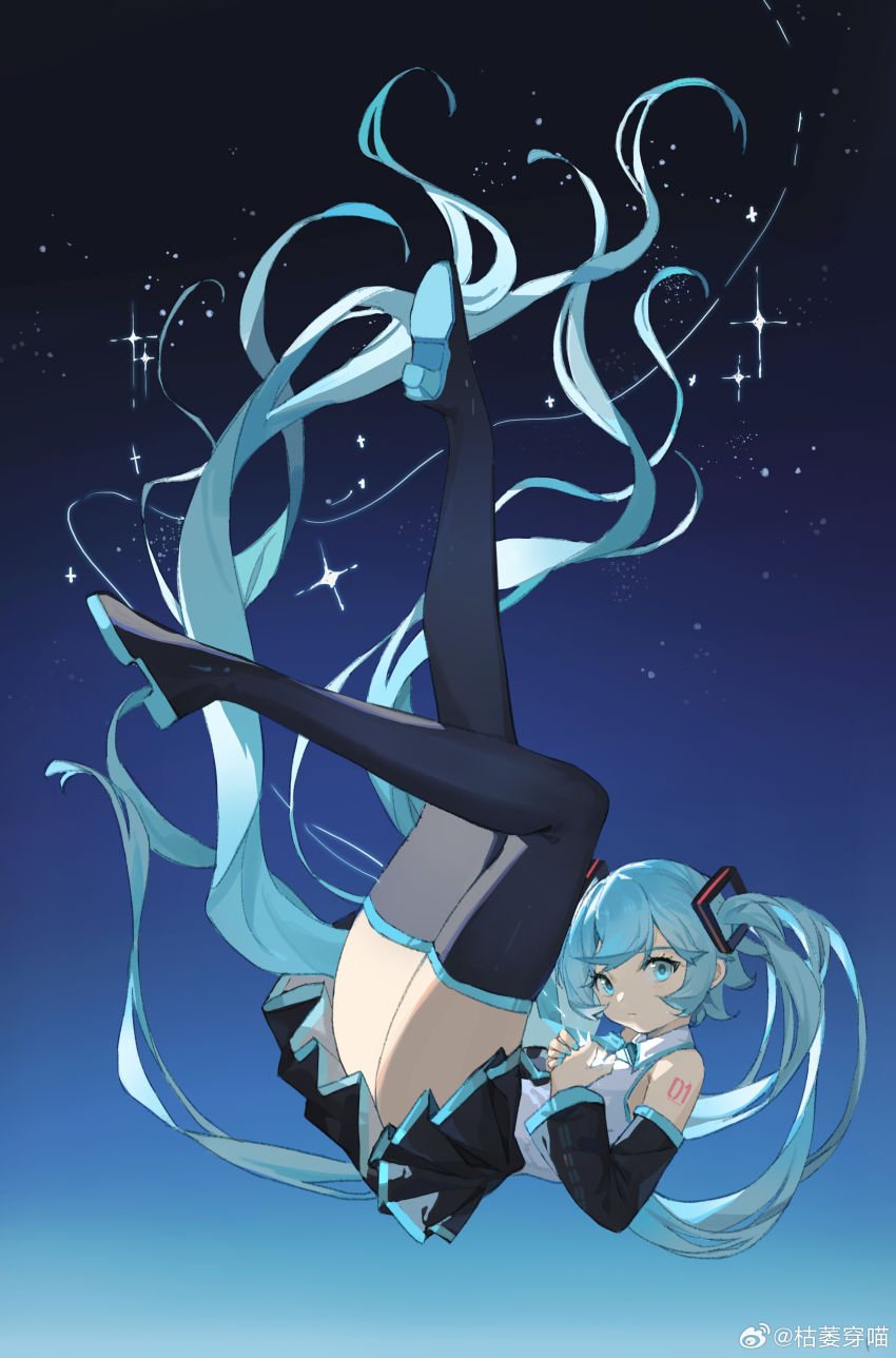 1girl absurdres black_shirt black_thighhighs blue_background blue_eyes blue_hair boots closed_mouth detached_sleeves floating gradient_background hair_ornament hands_on_own_chest hatsune_miku highres kuweichuanxin_jr legs legs_up long_hair looking_at_viewer number_tattoo pleated_skirt shirt shoe_soles skirt solo sparkle star_(sky) tattoo thigh_boots thighhighs thighs twintails vest vocaloid watermark weibo_watermark white_vest