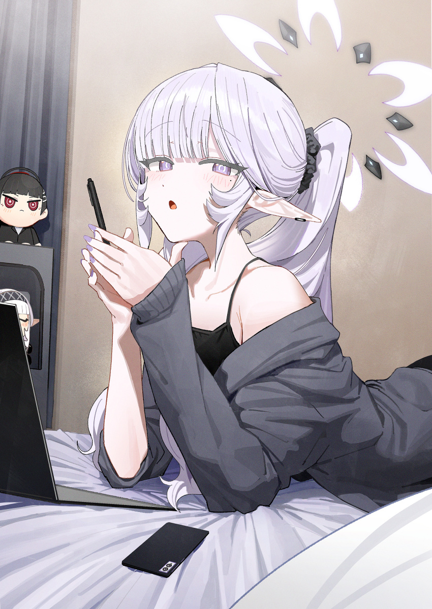 1girl :o alternate_costume alternate_hairstyle bed_sheet black_camisole blue_archive camisole cardigan cellphone character_doll collarbone commentary computer doll earclip fingernails grey_cardigan hair_ornament hair_scrunchie halo highres himari_(blue_archive) holding holding_pen indoors laptop long_hair long_pointy_ears looking_at_viewer lying mole mole_under_eye nail_polish on_stomach own_hands_together pen phone pointy_ears ponytail purple_eyes purple_nails rio_(blue_archive) scrunchie smartphone solo upper_body zanya_000