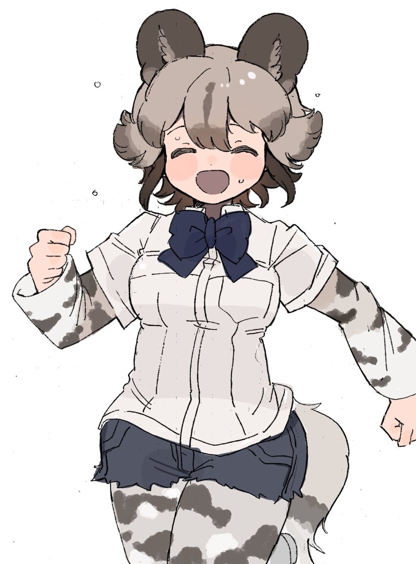 010mzam 1girl african_wild_dog_(kemono_friends) animal_ears animal_print blue_bow blue_bowtie blush bow bowtie brown_hair closed_eyes collared_shirt cowboy_shot cutoff_jeans cutoffs denim denim_shorts dog_ears dog_girl dog_tail flying_sweatdrops hair_between_eyes highres kemono_friends light_brown_hair long_sleeves multicolored_hair open_mouth pantyhose print_pantyhose print_sleeves shirt short_hair short_shorts short_sleeves shorts sidelocks smile solo sweatdrop t-shirt tail two-tone_hair white_shirt