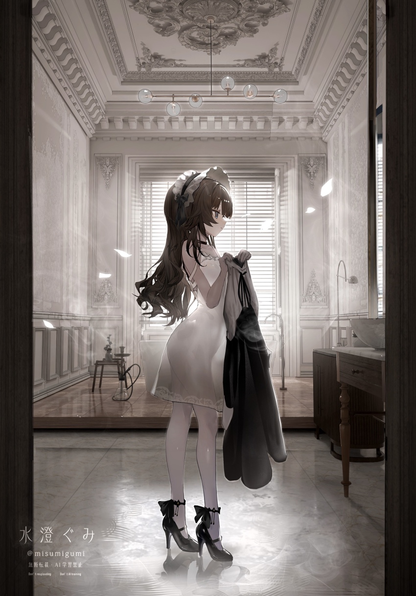 1girl absurdres artist_name bathtub black_choker black_shoes blue_eyes brown_hair choker drawer dress expressionless flower frilled_hairband frills from_side full_body hairband high_heels highres holding holding_unworn_clothes indoors light_bulb looking_ahead misumigumi original pillarboxed see-through_clothes see-through_dress shoes sink standing strap_slip twitter_username vase window
