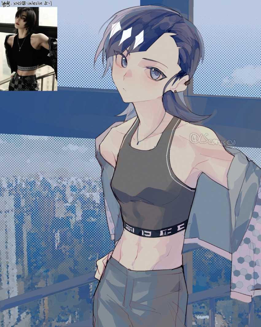 1girl abs black_eyes black_hair black_pants black_undershirt cityscape cscarus highres jacket jewelry medalist_(manga) midriff necklace off_shoulder okazaki_iruka pants photo-referenced reference_inset solo xiaohongshu_id
