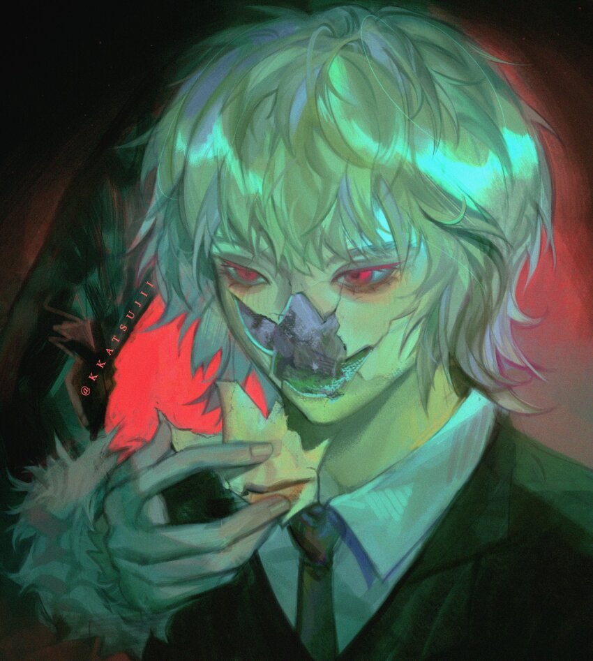 1boy artist_name chrollo_lucilfer collared_shirt commentary cracked_skin english_commentary formal_clothes fur_trim highres hunter_x_hunter kkatsujii kurapika madra_(album) necktie red_eyes shirt short_hair suit white_fur