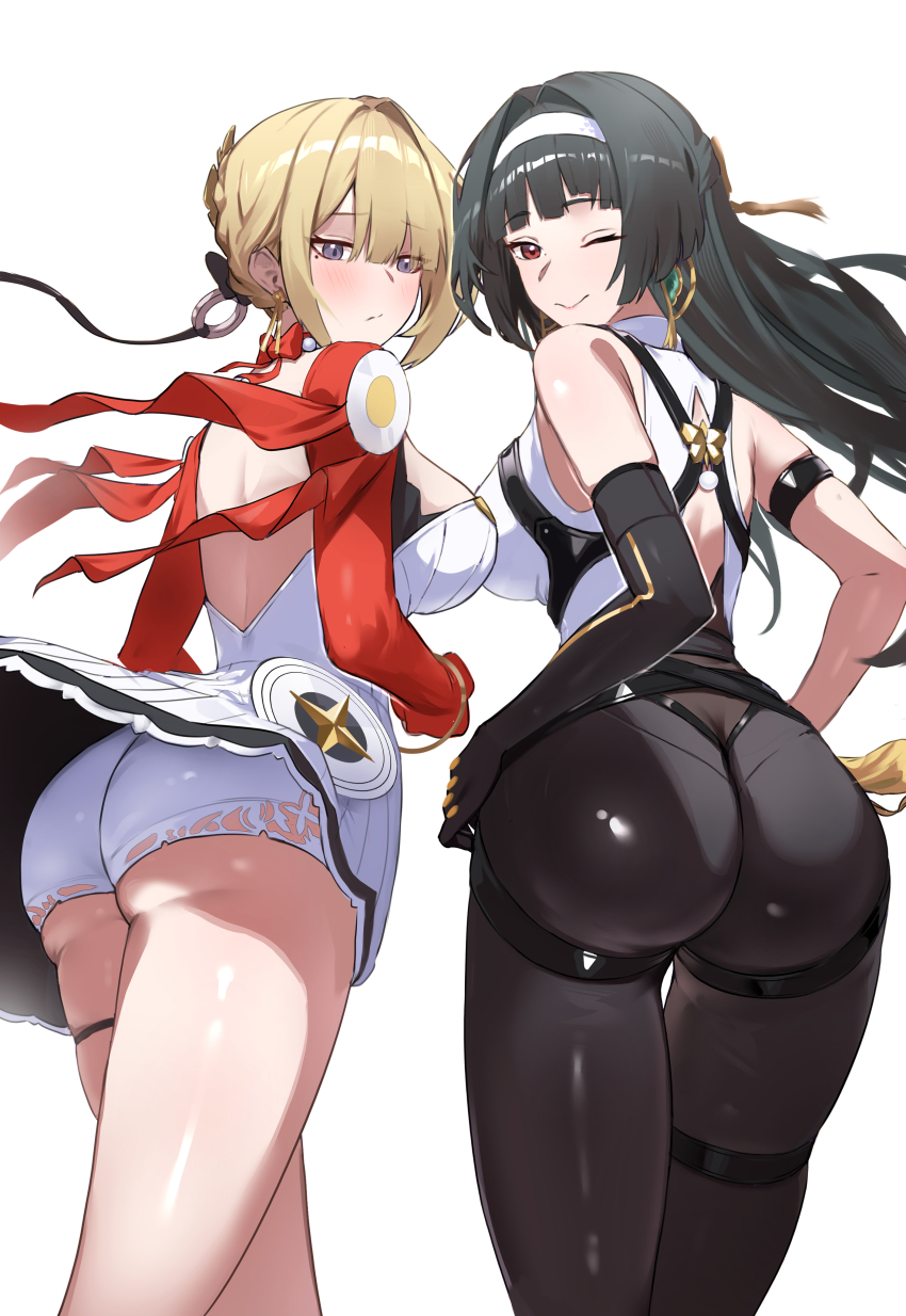 2girls absurdres ass astra_yao astra_yao_(cosplay) black_gloves black_hair black_pants blonde_hair breasts butt_crack cosplay costume_switch dress earrings elbow_gloves evelyn_chevalier evelyn_chevalier_(cosplay) floating_hair from_behind gloves hairband highres jewelry large_breasts looking_at_viewer looking_back mole mole_under_eye multiple_girls panties pants purple_eyes red_eyes short_dress simple_background single_elbow_glove smile thigh_strap thighs tight_clothes tight_pants underwear white_background white_dress white_hairband white_panties yoruta_(yossy_puyo_holo) zenless_zone_zero