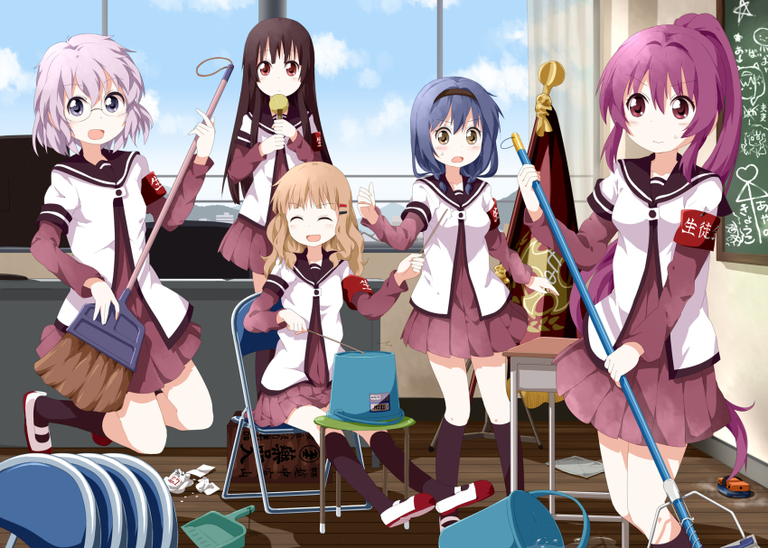 5girls artist_request black_hair blue_hair broom bucket chair closed_eyes desk facing_viewer folding_chair furutani_himawari glasses hair_intakes hair_ornament hairclip highres holding holding_broom ikeda_chitose indoors looking_at_viewer matsumoto_rise multiple_girls nanamori_school_uniform on_chair oomuro_sakurako school_uniform sitting sugiura_ayano window yuru_yuri
