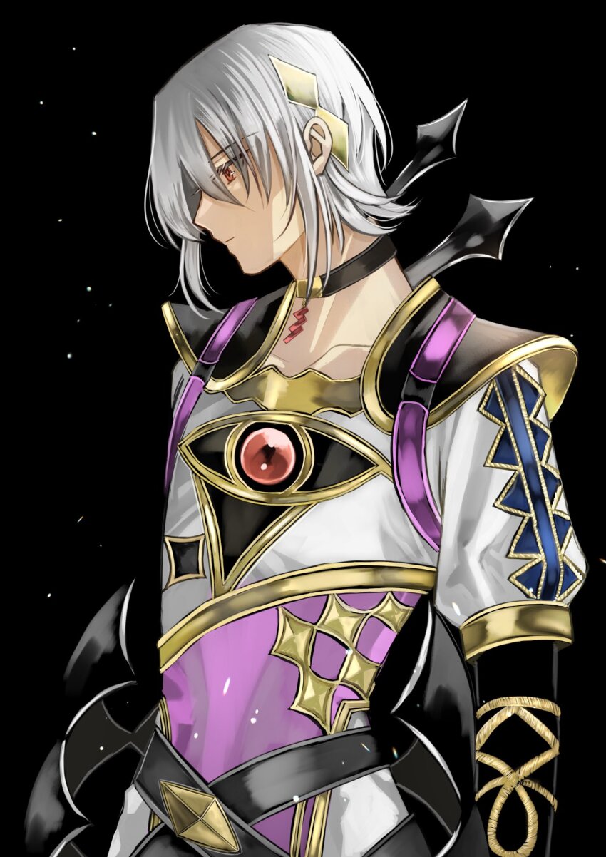 1boy asymmetrical_clothes black_background choker closed_mouth fire_emblem fire_emblem_engage hair_between_eyes hair_ornament highres long_sleeves looking_to_the_side male_focus nintendo omlililimo rafal_(fire_emblem) red_eyes short_hair solo upper_body white_hair