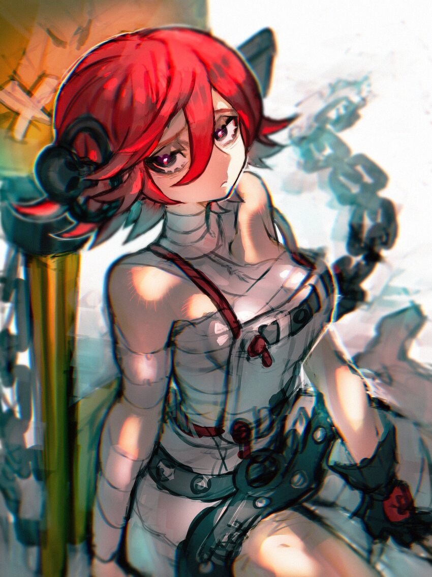 1girl a.b.a bandaged_chest bandages chain guilty_gear guilty_gear_xx highres homunculus key key_in_head object_through_head paracelsus_(guilty_gear) red_hair short_hair stitched_mouth stitches yohane_shimizu