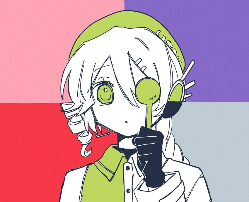 1girl asymmetrical_clothes beret braid braided_ponytail chimerism collared_shirt commentary_request covering_one_eye drill_hair earpiece fusion gloves green_eyes green_hat green_shirt grey_background hand_up hat highres holding kajuu_(maimai_maimaa) kasane_teto long_hair long_sleeves looking_at_viewer momone_momo multicolored_background occluder parted_lips pink_background purple_background red_background robot_ears sekka_yufu shirt side_drill simple_background single_bare_shoulder sleeveless sleeveless_shirt solo undershirt upper_body utane_uta utau