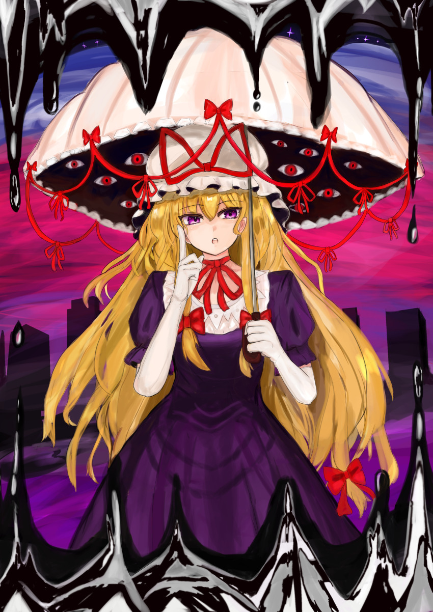 1girl 83mkneinlsqmebq absurdres blonde_hair choker commentary_request dress elbow_gloves gap_(touhou) gloves hat highres holding holding_umbrella long_hair mob_cap open_mouth purple_dress purple_eyes red_ribbon ribbon ribbon_choker short_sleeves solo touhou umbrella very_long_hair white_gloves yakumo_yukari