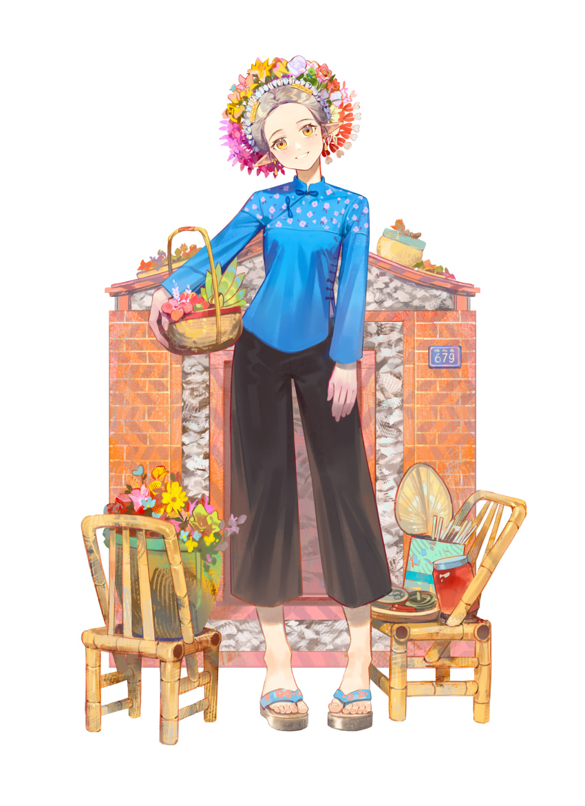 1girl absurdres alternate_costume arknights basket black_pants blue_shirt bottle brown_hair capri_pants chair chinese_clothes commentary earrings elf english_commentary floral_print flower flower_basket flower_pot flower_wreath forehead full_body grin hair_ornament head_tilt highres holding holding_basket jewelry laurels looking_at_viewer lyuqiu mole mole_under_eye muelsyse_(arknights) orange_eyes pankou pants pink_flower plant pointy_ears potted_plant sandals shanghai_neckline shirt short_hair smile solo standing yellow_flower zanhuawei