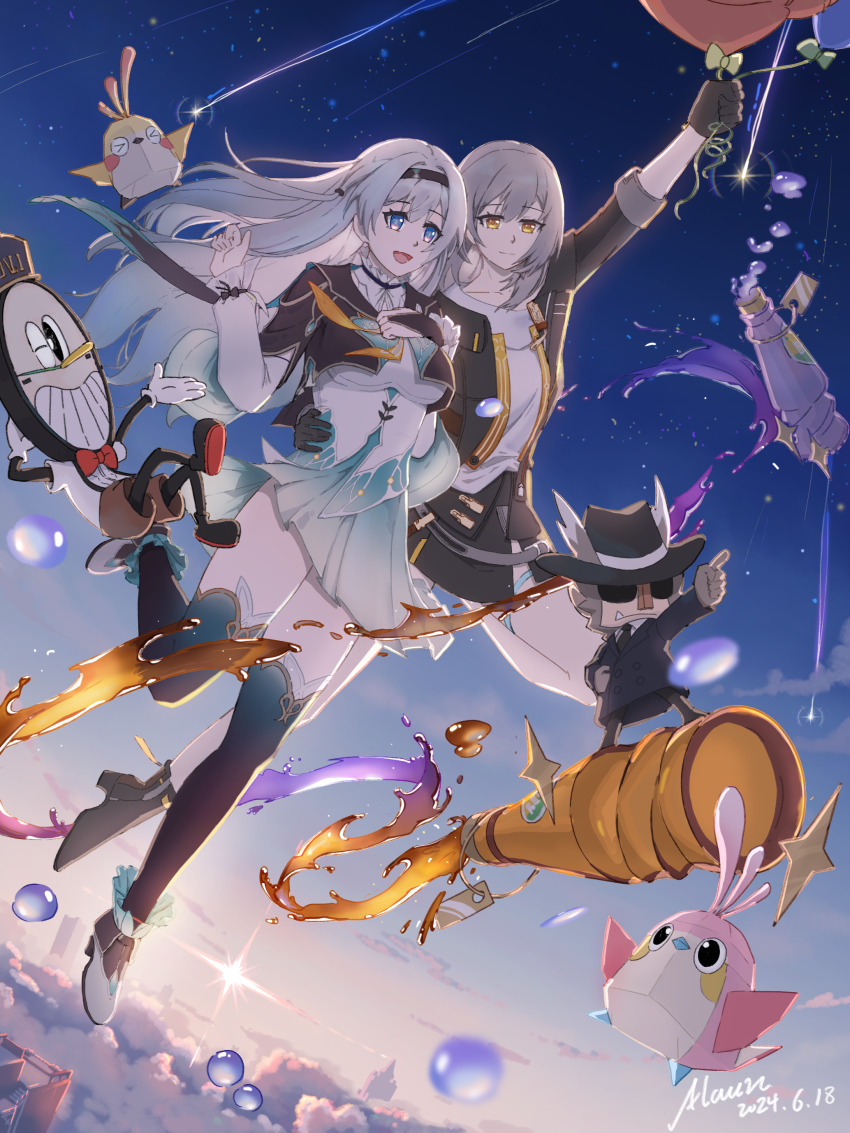 2girls :d absurdres balloon black_coat black_gloves black_hairband black_skirt bottle breasts clockie_(honkai:_star_rail) coat collared_shirt cropped_jacket firefly_(honkai:_star_rail) frilled_sleeves frills full_body gloves green_shirt grey_hair hair_between_eyes hair_ornament hairband hammer_tank hand_on_another&#039;s_waist hand_on_own_chest hanu_(honkai:_star_rail) high_heels highres holding holding_balloon honkai:_star_rail honkai_(series) long_hair long_sleeves medium_breasts multicolored_eyes multiple_girls neckerchief open_clothes open_coat open_mouth orange_neckerchief origami_bird_(honkai:_star_rail) partially_fingerless_gloves shirt shooting_star skirt sky smile soulglad stelle_(honkai:_star_rail) thigh_strap trailblazer_(honkai:_star_rail) two-tone_eyes white_shirt yellow_eyes