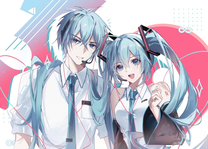 1boy 1girl :d absurdres aqua_nails bare_shoulders black_sleeves blue_eyes blue_hair blue_necktie collared_shirt detached_sleeves dual_persona earphones genderswap genderswap_(ftm) hair_between_eyes hair_ornament hand_up hatsune_miku hatsune_mikuo headphones headset highres infinity_symbol jiuchuansi long_hair looking_at_viewer nail_polish necktie notice_lines number_tattoo open_mouth parted_lips pink_background shirt short_hair short_sleeves shoulder_tattoo sleeveless sleeveless_shirt smile sparkle string tattoo teeth twintails upper_body upper_teeth_only v-shaped_eyebrows very_long_hair vocaloid white_background white_shirt