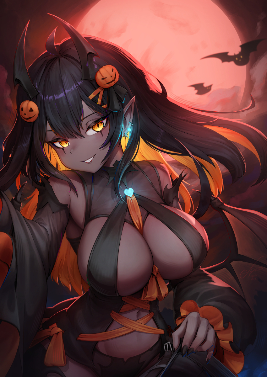 1girl absurdres allister_vinris bat_(animal) black_hair black_nails black_panties borrowed_character breasts colored_inner_hair dark-skinned_female dark_skin demon_girl demon_horns demon_wings full_moon hair_ornament hairclip halloween highres horns large_breasts long_hair long_sleeves looking_at_viewer moon multicolored_hair navel night orange_hair original outdoors panties pointy_ears smile solo standing tail thighhighs thighs two-tone_hair underwear wings yellow_eyes
