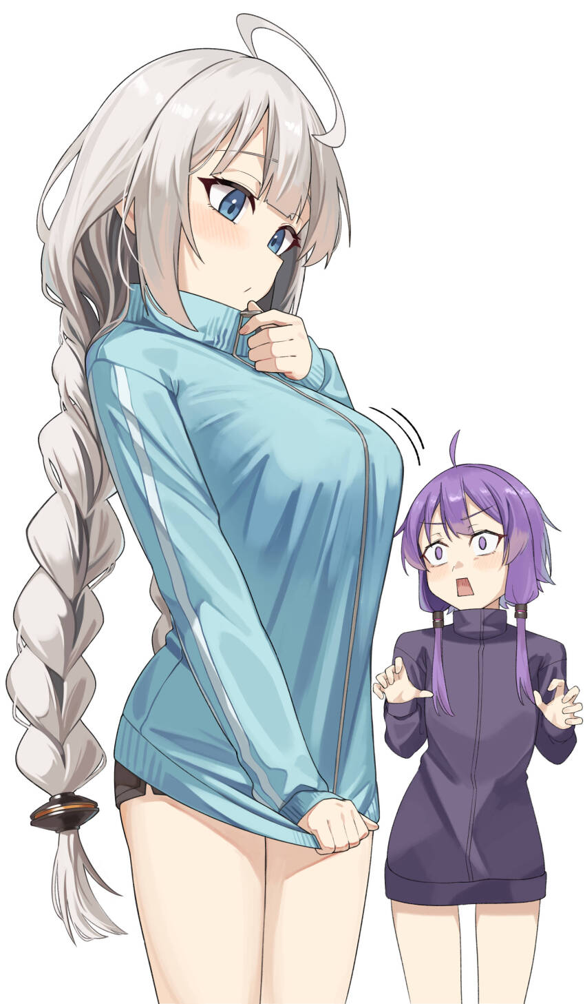 2girls absurdres ahoge blue_eyes braid breast_envy breasts constricted_pupils gukr4322 highres jacket kizuna_akari large_breasts long_hair multiple_girls purple_eyes purple_hair shirt_tug short_hair_with_long_locks short_shorts shorts tented_shirt track_jacket twin_braids voiceroid white_background white_hair yuzuki_yukari