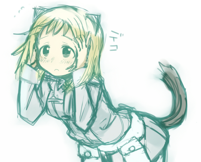 1girl :c animal_ears blonde_hair blush elma_leivonen female_focus frown green_eyes hands_on_own_head izuoku jacket leaning_forward long_sleeves military military_uniform short_hair simple_background sketch solo strike_witches strike_witches:_suomus_misfits_squadron tail weasel_ears weasel_tail white_background world_witches_series