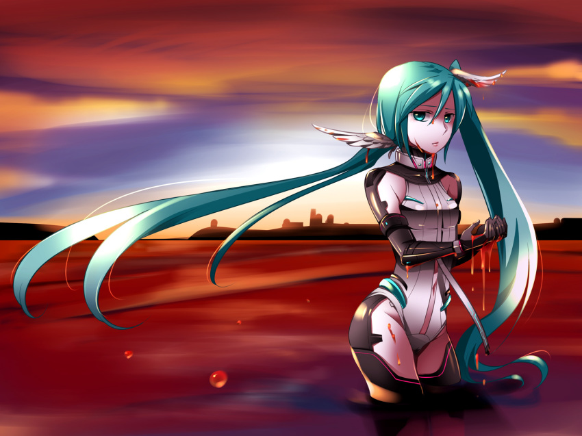 1girl alternate_costume aqua_eyes aqua_hair blood caffein elbow_gloves female_focus gloves hatsune_miku hatsune_miku_(append) highres long_hair outdoors sky solo thighhighs twintails very_long_hair vocaloid vocaloid_append