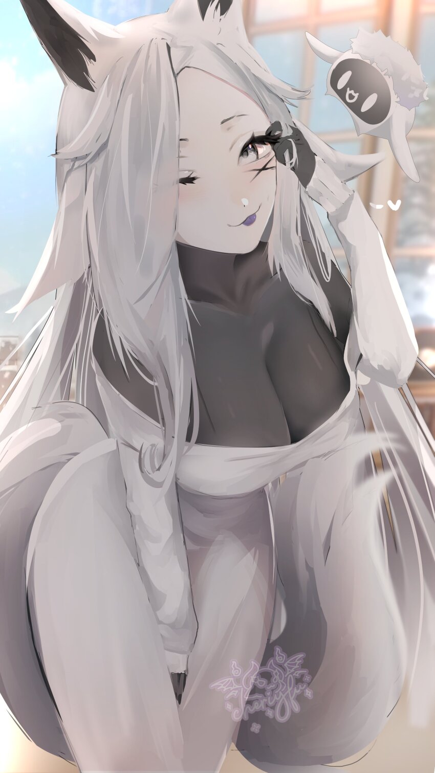 1girl :p absurdres animal_ears artist_logo between_legs bodystocking breasts cheriyfu cleavage covered_collarbone dress dyarikku_(vtuber) eyelashes facial_mark fox_ears fox_girl fox_tail grey_eyes hand_between_legs hand_in_own_hair heart highres indie_virtual_youtuber large_breasts logo long_hair one_eye_closed see-through_cleavage see-through_clothes signature tail tongue tongue_out virtual_youtuber white_dress x x_facial_mark