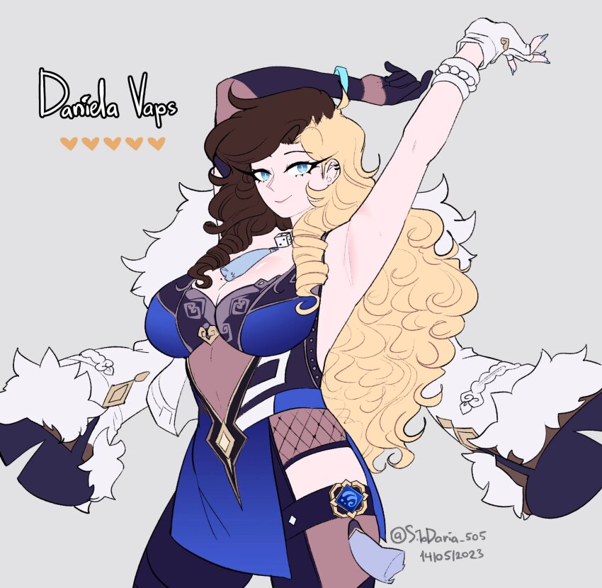 1girl armpits arms_up bare_shoulders black_gloves black_pants blonde_hair blue_dress blue_eyes breasts brown_hair cleavage commentary cosplay cowboy_shot daniela_(darpunk) darpunk dress drill_hair genshin_impact gloves grey_background heart highres large_breasts leggings long_hair looking_at_viewer multicolored_hair original pants simple_background sleeveless sleeveless_dress smile solo standing two-tone_hair very_long_hair white_gloves yelan_(genshin_impact) yelan_(genshin_impact)_(cosplay)
