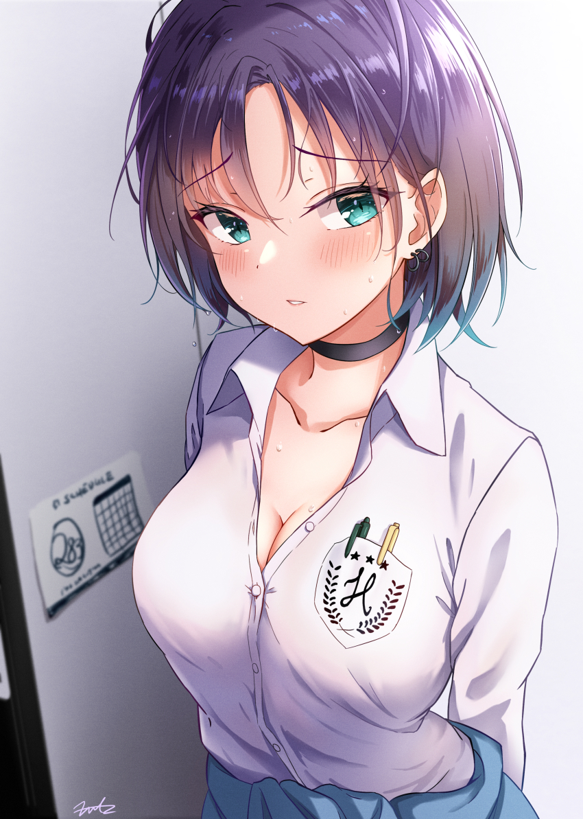 1girl absurdres asakura_toru black_choker blush breasts cardigan cardigan_around_waist choker cleavage clothes_around_waist collarbone earrings fritz614 highres idolmaster idolmaster_shiny_colors jewelry looking_at_viewer medium_breasts object_in_pocket open_clothes open_shirt pen_in_pocket pocket purple_hair school_uniform shirt solo sweatdrop upper_body white_shirt