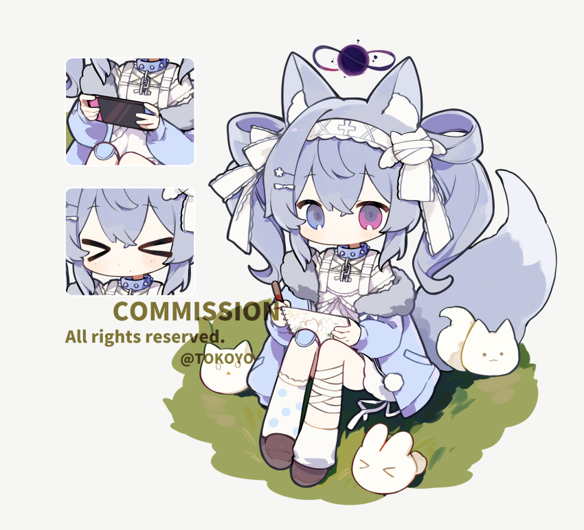 blue_eyes blue_hair bow chibi dress hair_bow highres multicolored_eyes original pink_eyes twintails watermark weibo_7719572585 white_bow