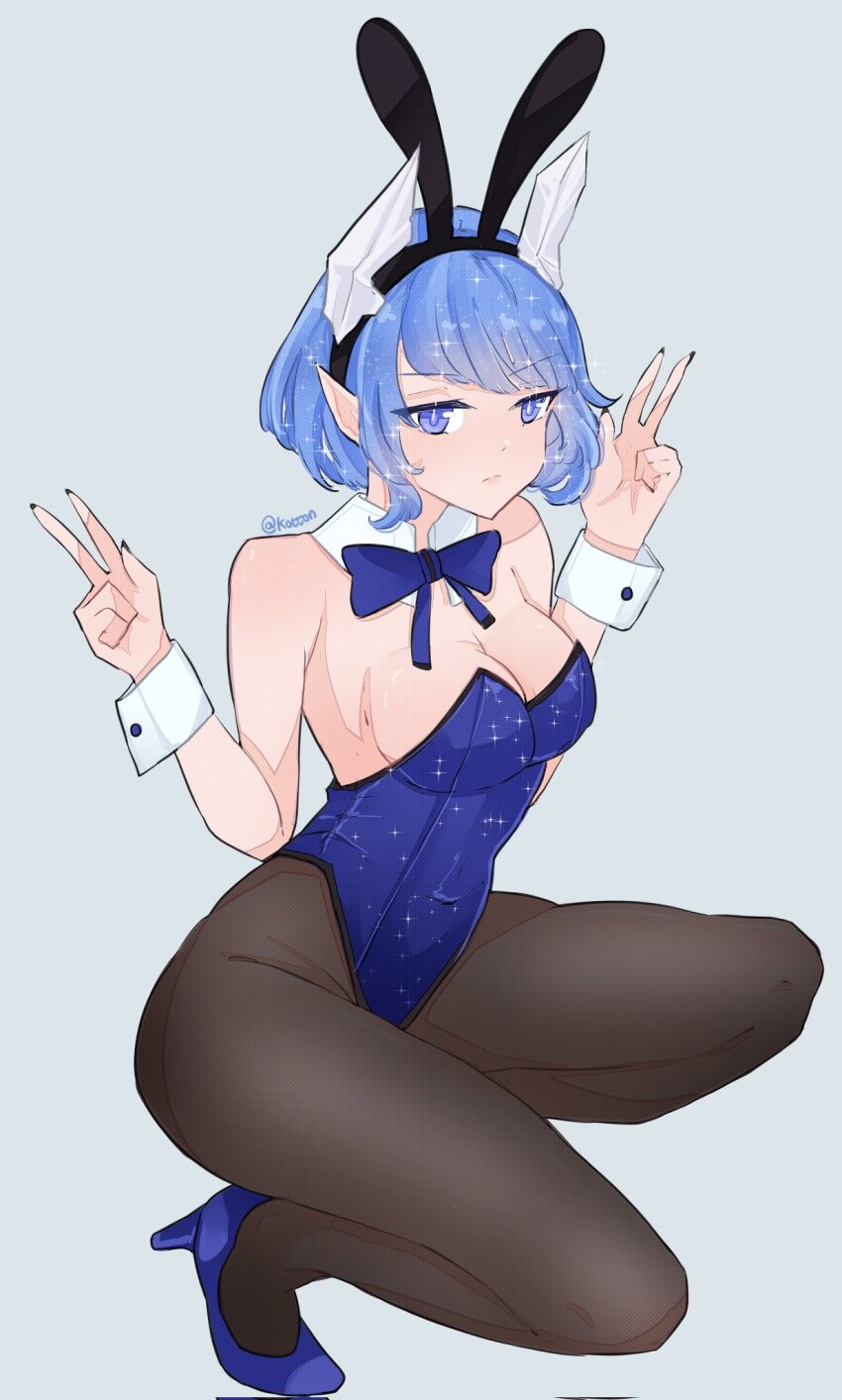 1girl animal_ear_hairband animal_ears blue_bow blue_footwear blue_nails bow breasts detached_collar fake_animal_ears fire_emblem fire_emblem_heroes hairband high_heels highres ice_horns leotard medium_breasts nail_polish nifl_(fire_emblem) nintendo playboy_bunny pointy_ears rabbit_ear_hairband rabbit_ears serafineart1001 solo v