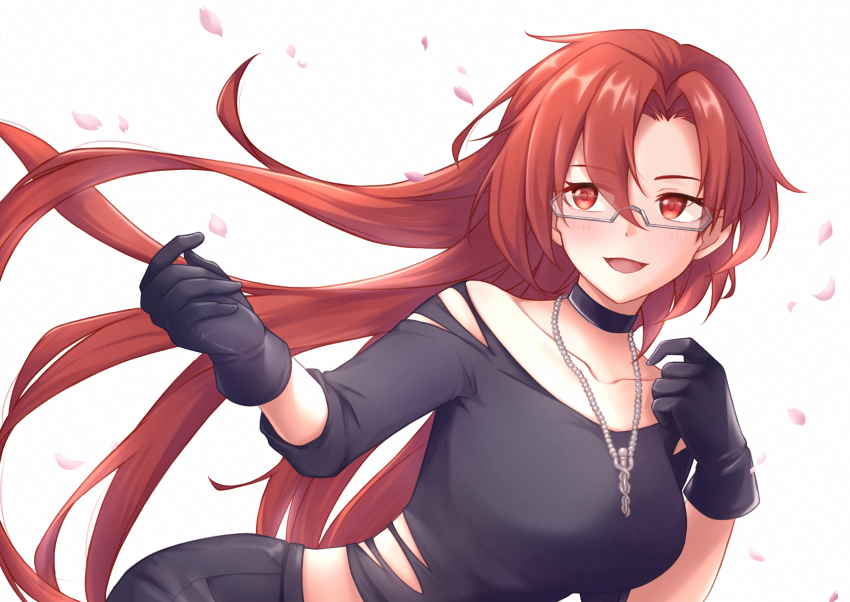 1girl :d absurdres altheavin black_choker black_gloves black_shirt blouse blush caduceus cherry_blossoms choker collarbone falling_petals floating_hair glasses gloves hair_between_eyes hair_intakes highres jewelry labyrista_(princess_connect!) labyrista_(princess_connect!) labyrista_(real)_(princess_connect!) long_hair necklace off-shoulder_shirt off_shoulder open_mouth petals princess_connect! red_eyes red_hair semi-rimless_eyewear shirt smile solo torn_clothes torn_shirt under-rim_eyewear very_long_hair white_background