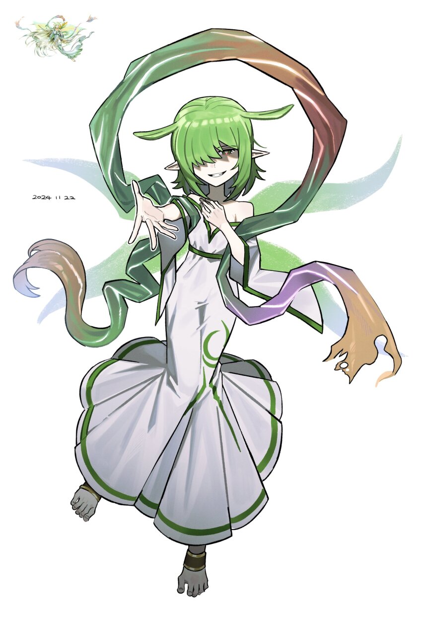 1girl absurdres anklet asdf1211950 bare_shoulders barefoot black_souls dated dress fairy fairy_wings full_body green_dress green_hair green_wings grin hagoromo hair_over_one_eye hand_on_own_chest highres jewelry leaf_(black_souls) long_dress looking_at_viewer medium_hair off-shoulder_dress off_shoulder one_eye_covered parted_lips pointy_ears reaching reaching_towards_viewer reference_inset shaded_face shawl sidelocks simple_background smile solo standing toes white_background white_dress wide_sleeves wings