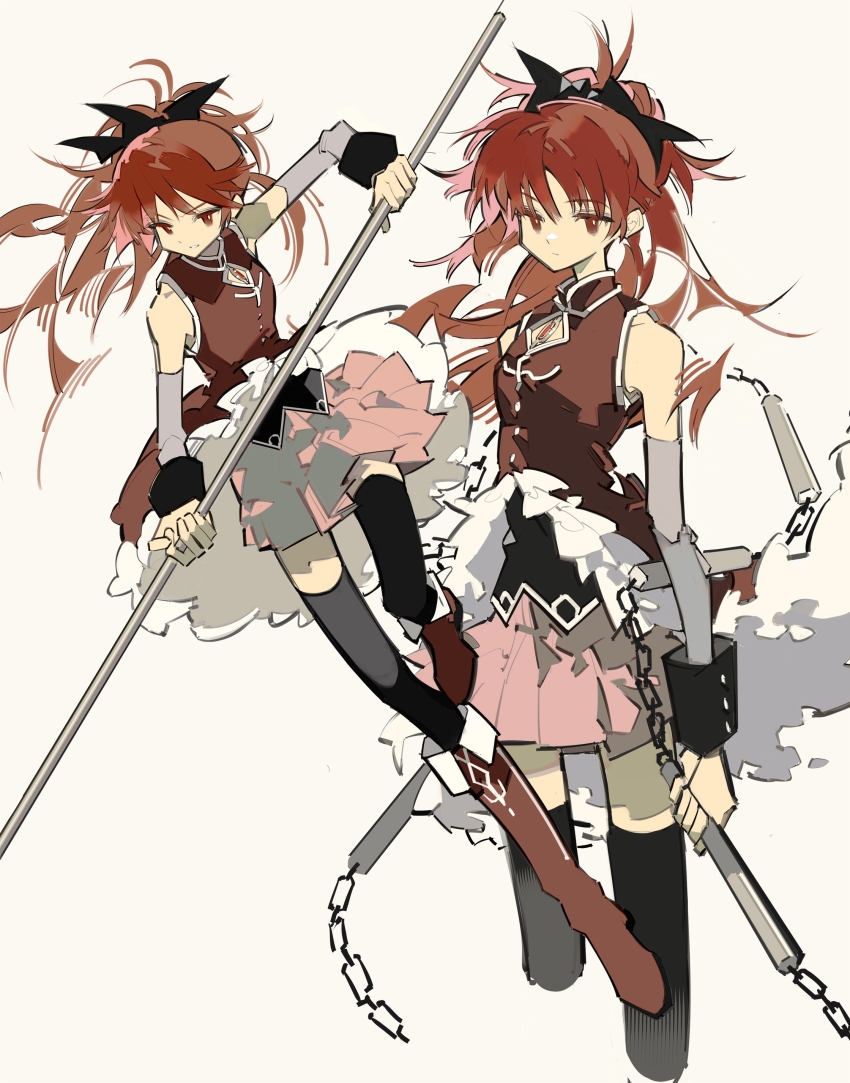 1girl absurdres bare_shoulders black_bow black_shirt black_thighhighs black_wrist_cuffs boots bow bright_pupils buttons chest_jewel chinese_commentary cleavage_cutout closed_mouth clothing_cutout collared_dress commentary_request cropped_legs detached_sleeves dress expressionless fighting_stance floating_clothes floating_hair frilled_dress frills full_body gem grey_background grey_sleeves hair_bow highres holding holding_polearm holding_weapon knee_boots light_frown long_hair long_sleeves looking_at_viewer magical_girl mahou_shoujo_madoka_magica mahou_shoujo_madoka_magica_(anime) miniskirt multiple_views nunchaku pink_skirt pleated_skirt polearm ponytail red_dress red_eyes red_footwear red_gemstone red_hair rin_lingsong sakura_kyoko sakura_kyoko_(magical_girl) shirt shirt_under_dress short_dress simple_background skirt skirt_under_dress thighhighs very_long_hair weapon white_pupils wrist_cuffs