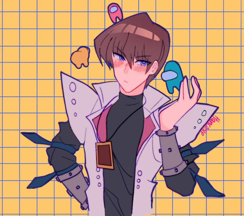 among_us blue_(among_us) blue_eyes blush brown_hair crossover highres kaiba_seto male_focus red_(among_us) yu-gi-oh! yu-gi-oh!_duel_monsters