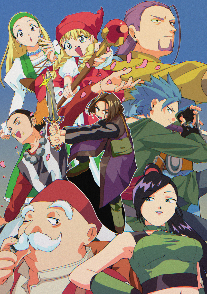 3girls 5boys absurdres ai_roid bag bead_necklace beads blonde_hair blue_background boots breasts brown_hair camus_(dq11) closed_mouth dragon_quest dragon_quest_xi earrings facial_hair greig_(dq11) hat hero_(dq11) highres holding holding_staff holding_sword holding_weapon jewelry long_hair long_sleeves martina_(dq11) medium_breasts multiple_boys multiple_girls mustache necklace one_eye_closed open_mouth petals red_headwear retro_artstyle row_(dq11) senya_(dq11) sparkle spiked_hair staff sword sylvia_(dq11) veronica_(dq11) weapon