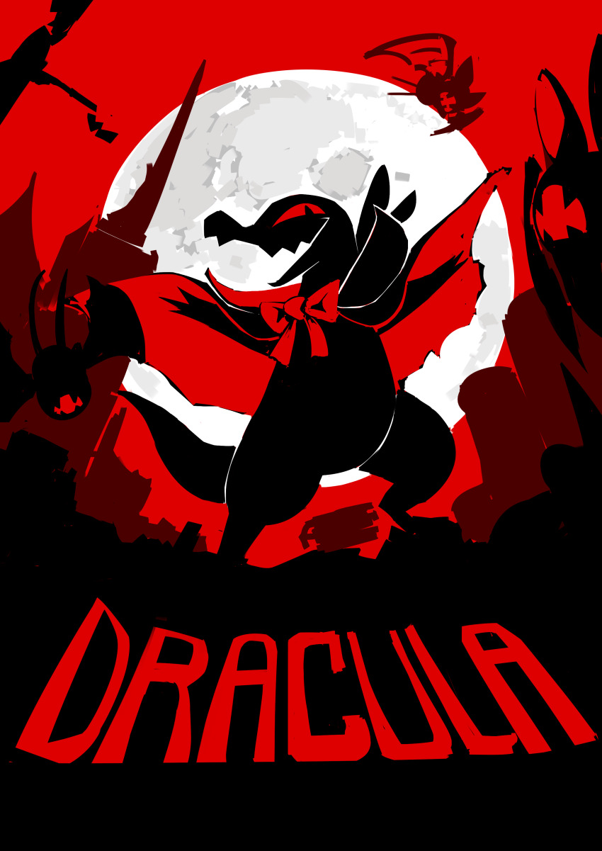 absurdres arm_up bow bram_stoker&#039;s_dracula cape clothed_pokemon commentary copyright_name full_moon gen_1_pokemon gen_7_pokemon highres limited_palette moon moon_behind_head nintendo no_humans open_mouth pokemon pokemon_(creature) powerandy red_theme salandit zubat