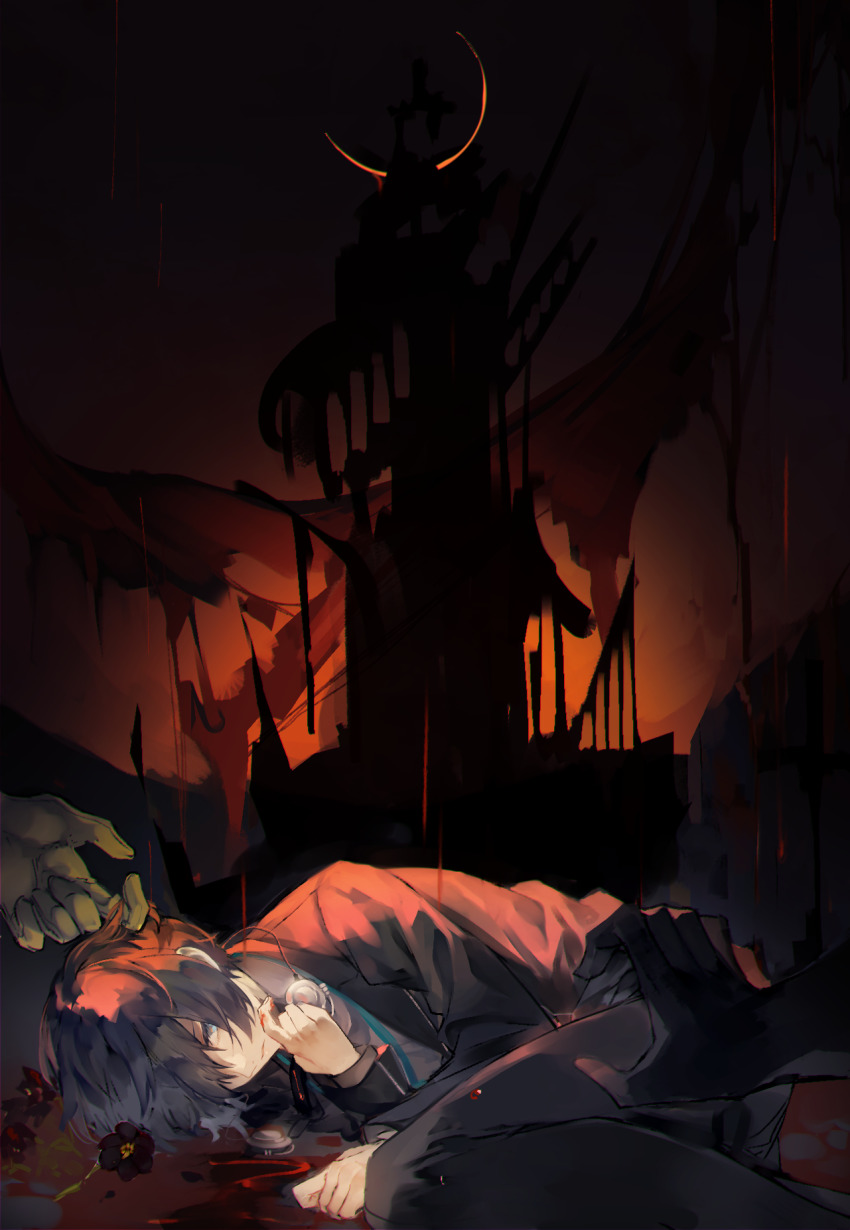 1boy blazer closed_mouth fetal_position grey_eyes grey_hair grey_pants grey_shirt hair_over_one_eye highres jacket long_sleeves lor_(roasyerizyonirapi) lying on_side open_clothes open_jacket outdoors pants persona persona_3 shirt short_hair solo_focus tartarus yuuki_makoto_(persona_3)