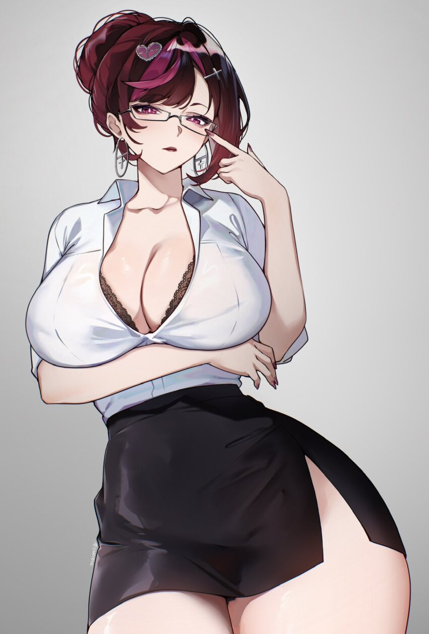 1girl alternate_hair_color arm_under_breasts black_bra black_skirt bra bra_peek breasts brown_hair cleavage closed_mouth collarbone collared_shirt cross_hair_ornament earrings elle_(vtuber) glasses hair_ornament heart heart_hair_ornament highres hoop_earrings indie_virtual_youtuber jewelry large_breasts lips multicolored_hair office_lady pink_eyes pink_hair sakichka shirt side_slit skirt solo streaked_hair thighs twitter_username underwear virtual_youtuber white_shirt