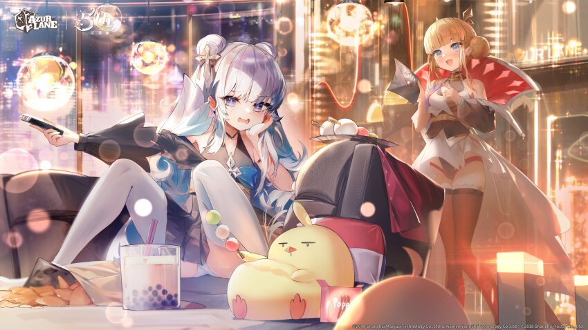 2girls absurdres alternate_costume azur_lane black_leotard black_skirt blonde_hair blue_eyes bubble_tea chips_(food) copyright_name cross_hair_ornament double_bun dress envelope food hair_bun hair_ornament hand_on_own_cheek hand_on_own_face high_collar highres holding holding_envelope janyhero le_malin_(azur_lane) le_triomphant_(azur_lane) leotard leotard_under_clothes long_hair manjuu_(azur_lane) miniskirt multiple_girls official_art open_mouth panties purple_eyes red_thighhighs second-party_source skirt standing thighhighs underwear white_dress white_hair white_panties white_thighhighs