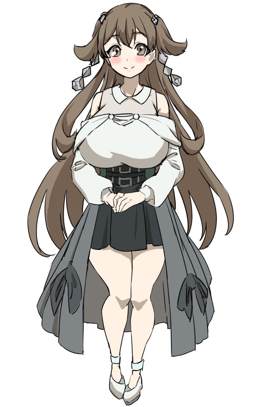 alternate_breast_size alternate_costume alternate_hairstyle breasts brown_hair highres hizakake jasmine_(pokemon) large_breasts long_hair nintendo pokemon pokemon_gsc simple_background very_long_hair