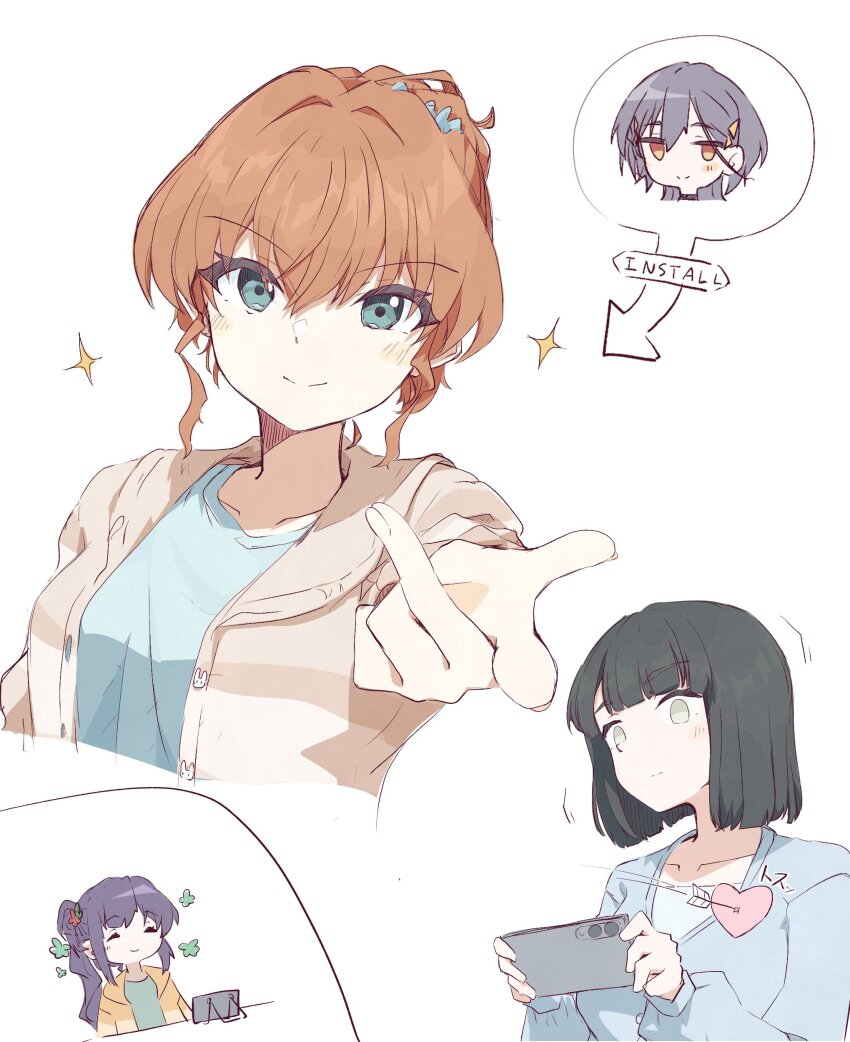 &gt;:) 4girls absurdres arrow_(projectile) arrow_through_heart black_hair blue_cardigan blue_eyes blue_shirt blunt_bangs blunt_ends blush bob_cut brown_jacket cardigan closed_mouth collarbone commentary cosplay flower green_eyes grey_hair hair_bun hair_flower hair_intakes hair_ornament hashtag-only_commentary heart highres hinoshita_kaho hinoshita_kaho_(cosplay) hinoshita_kaho_(summer_loungewear) holding holding_phone hood hooded_jacket jacket katsuragi_izumi link!_like!_love_live! long_hair love_live! momose_ginko momose_ginko_(summer_loungewear) multiple_girls official_alternate_costume open_clothes open_jacket orange_eyes otomune_kozue phone phone_stand ponytail purple_hair rabbit_hair_ornament red_flower shirt short_hair side_ponytail sidelocks single_side_bun sio_pasta smile split_mouth triangle_hair_ornament v-shaped_eyebrows virtual_youtuber