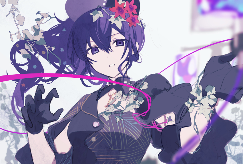 1girl 32_oogawa asahina_mafuyu black_dress black_gloves dress flower gloves hair_flower hair_ornament hat highres intravenous_drip long_hair looking_at_viewer maigo_no_te_wo_hiku_sono_saki_wa_(project_sekai) official_alternate_costume parted_lips ponytail project_sekai purple_eyes purple_hair red_flower short_sleeves simple_background solo white_flower