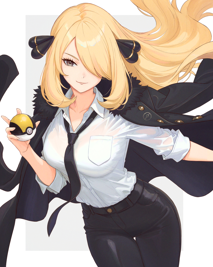 1girl absurdres alternate_costume black_jacket black_necktie black_pants breasts closed_mouth collared_shirt cynthia_(pokemon) floating_hair fur-trimmed_jacket fur_trim grey_eyes hair_ornament highres holding holding_poke_ball jacket jacket_on_shoulders long_hair medium_breasts necktie nintendo pants poke_ball pokemon pokemon_dppt shirt smile solo truejekart ultra_ball very_long_hair white_shirt