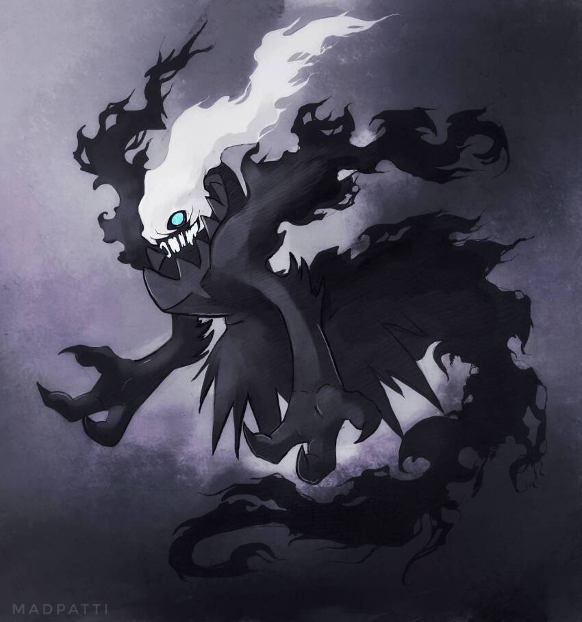 blue_eyes blue_hair blue_sclera bright_pupils claws collar colored_sclera darkrai floating floating_hair from_side gen_4_pokemon grey_background highres legendary_pokemon limited_palette long_hair madpattii mythical_pokemon nintendo pokemon pokemon_(creature) signature skirt slit_pupils smoking spiked_collar spikes tendril white_hair white_pupils