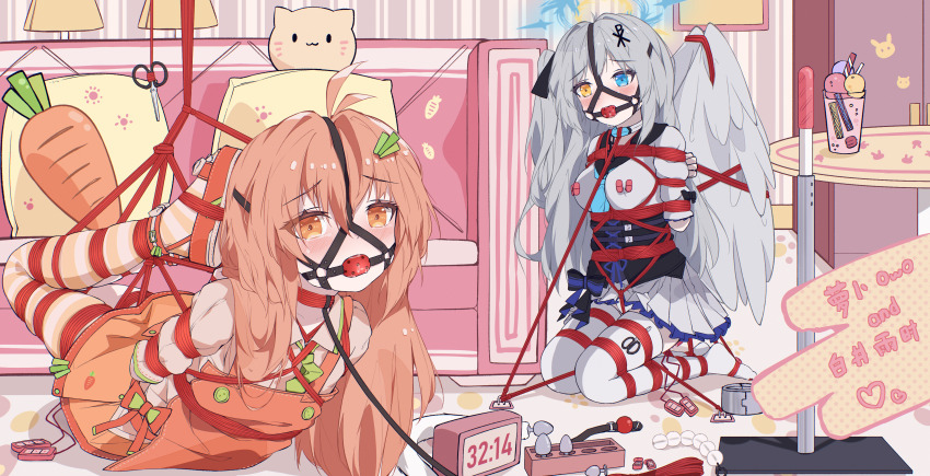 2girls abigcarrot_owo absurdres anal_beads anal_tail angel_wings apron arms_behind_back artist_name ball_gag bdsm blush bondage bound bound_arms bound_breasts bound_legs bound_torso bound_wings butt_plug character_name collar countdown crotch_rope egg_vibrator fake_tail female_focus forced_orgasm gag gag_harness gagged hair_ornament heterochromia highres hogtie indoors kneeling leash long_hair looking_at_viewer lying multiple_girls nipple_stimulation no_shoes on_stomach orange_apron orange_eyes orange_hair orange_thighhighs original peril restrained school_uniform scissors serafuku sex_toy shibari shibari_over_clothes skindentation suspension tail thighhighs vibrator vibrator_on_nipple vibrator_under_clothes white_hair white_thighhighs wiffle_gag wings