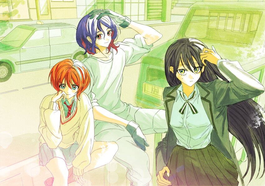 1boy 2girls amate_yuzuriha aqua_eyes backnanmin1 black_hair blue_hair car collared_shirt colored_inner_hair commentary gundam gundam_gquuuuuux hashtag-only_commentary highres jacket long_hair long_sleeves looking_at_viewer lower_eyelashes_only motor_vehicle multicolored_hair multiple_girls necktie nyaan_(gundam_gquuuuuux) red_eyes red_hair road school_uniform shirt short_hair shuji_ito sitting skirt street sweatdrop sweater two-tone_hair yellow_eyes