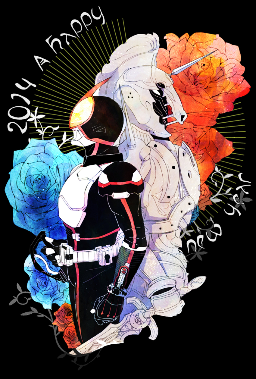 armor armored_gloves belt black_background black_bodysuit blue_flower blue_rose bodysuit rider_belt extra_eyes faiz_accel faiz_driver floral_print flower gloves helmet highres holding holding_sword holding_weapon horns horse_orphnoch kamen_rider kamen_rider_555 kamen_rider_faiz maiko1 orphnoch_(555) red_flower red_rose rose shoulder_armor sword weapon white_armor wristband yellow_eyes