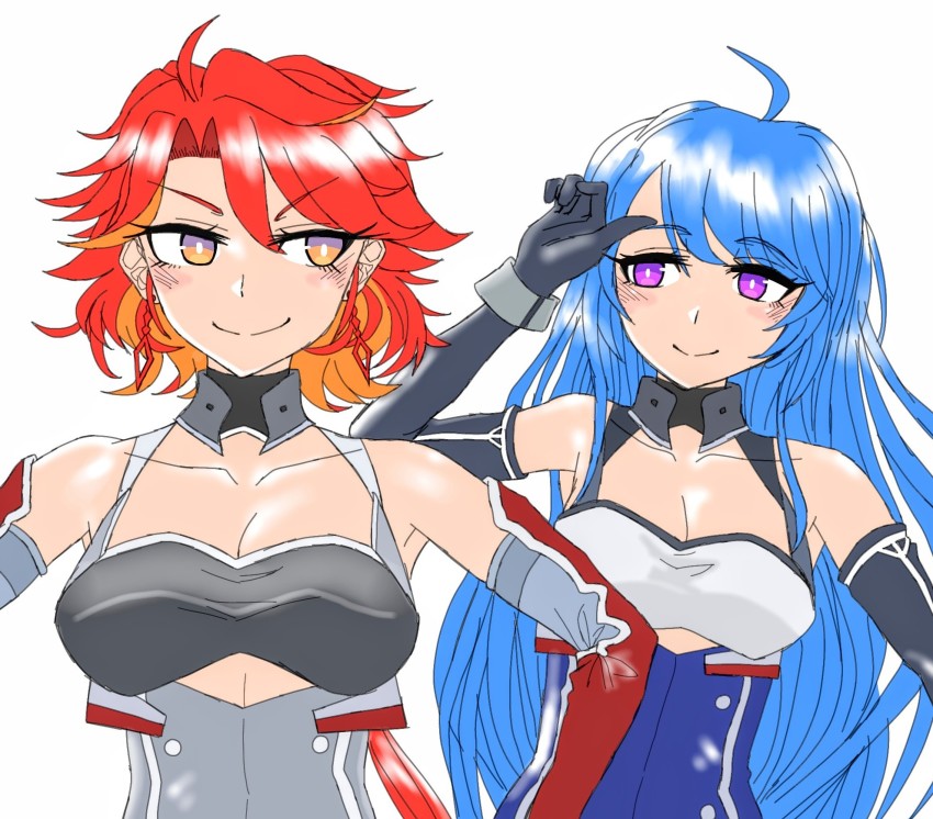 2girls 36rt azur_lane blue_hair breasts cleavage elbow_gloves gloves gluteal_fold hands_on_own_hips helena_(azur_lane) highres looking_at_another multiple_girls orange_eyes phoenix_(azur_lane) purple_eyes red_hair wiping_forehead