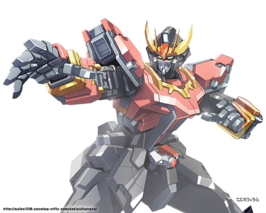 crossover fighting_stance fusion green_eyes gundam gundam_seed kamen_rider kamen_rider_kuuga kamen_rider_kuuga_(series) looking_to_the_side mecha mobile_suit no_humans open_hands robot science_fiction solo strike_gundam v-fin watermark web_address yanagi_joe