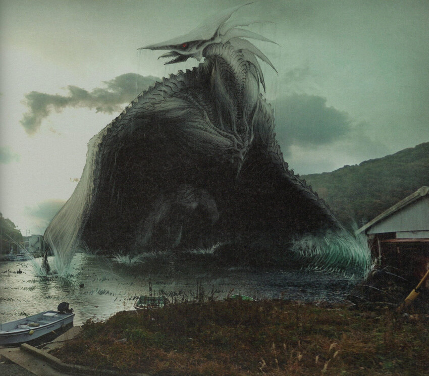 beak boat bone cloud cloudy_sky concept_art emaciated fins fish gamera_(series) gamera_-rebirth- giant giant_monster grass highres hill kadokawa kaiju monster no_humans ocean official_art open_mouth overcast plant red_eyes ribs sea_monster shark sharp_teeth sky spikes splashing standing takahama_kan teeth water water_drop watercraft wet zigra