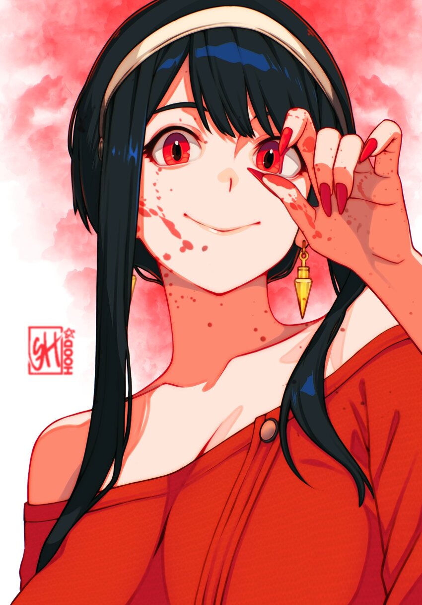 1girl abstract_background artist_logo blood blood_on_clothes blood_on_face blood_on_hands blood_on_neck blood_on_shoulder blood_splatter breasts cleavage closed_mouth collarbone commentary dress earrings english_commentary fingernails gold_earrings hair_bun hair_over_shoulder hairband hand_up highres jewelry logo long_fingernails long_hair long_sidelocks looking_at_viewer nail_polish off-shoulder_sweater off_shoulder palms parted_bangs red_eyes red_nails red_sweater sharp_fingernails sidelocks skaggshood smile spy_x_family sweater sweater_dress swept_bangs turning_head upper_body white_hairband yor_briar