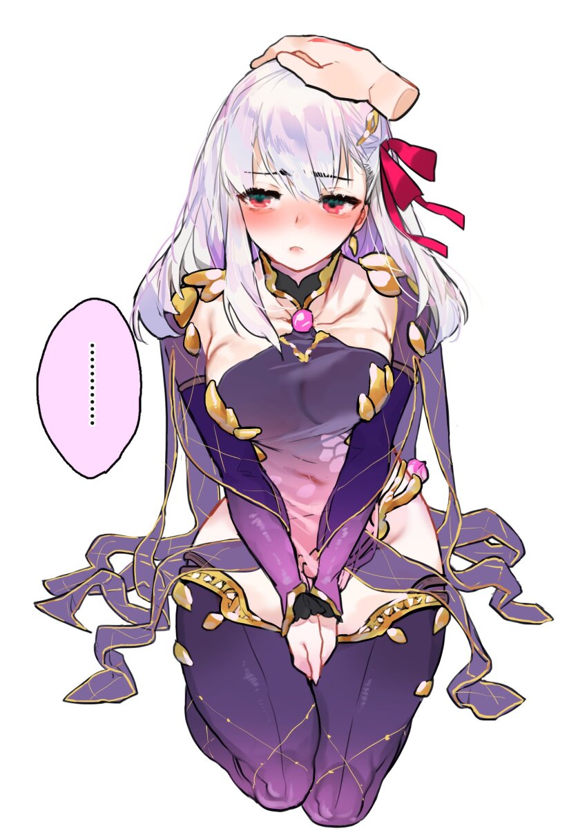 ... 1girl absurdres blush commentary detached_sleeves disembodied_hand fate/grand_order fate_(series) grey_hair headpat highres kama_(fate) long_hair own_hands_together red_eyes seiza shiratori_yokikana sitting spoken_ellipsis thighhighs white_background