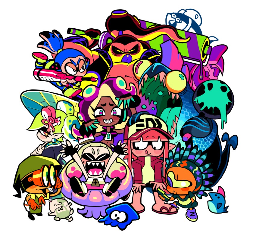 aqua_eyes aqua_nails baseball_cap bike_shorts blue_hair blush_stickers boots buck_teeth callie_(splatoon) carrying cat chair chum_(splatoon) closed_eyes crop_top crown dark_skin dress earrings fingerless_gloves frying_pan gashi-gashi gloves green_hair hair_ornament half-closed_eyes hat headphones inkling inkling_boy inkling_girl inkling_player_character japanese_clothes jellyfish jewelry kimono li&#039;l_judd_(splatoon) looking_at_viewer marie_(splatoon) marina_(splatoon) midriff mole mole_under_eye mole_under_mouth multicolored_hair multiple_boys multiple_girls murch_(splatoon) nail_polish navel nintendo octarian_(enemy) octo_samurai octoling one-eyed open_mouth pearl_(splatoon) pink_legwear pointy_ears ponytail purple_hair salmonid sharp_teeth sheldon_(splatoon) short_jumpsuit simple_background sitting slippers smile splatoon_(series) splatoon_2 squid squidbeak_splatoon symbol-shaped_pupils teeth tentacle_hair two-tone_hair umbrella white_background white_footwear white_hair zipper_pull_tab