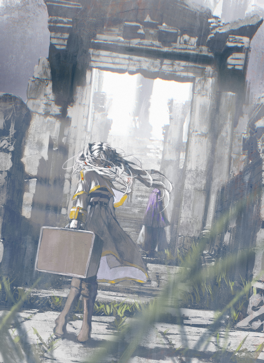 2girls absurdres belt black_belt black_boots boots capelet closed_eyes earrings elf fern_(sousou_no_frieren) frieren full_body grass highres holding holding_suitcase jewelry long_hair multiple_girls outdoors pointy_ears purple_hair shadow shiej007 sidelocks sousou_no_frieren stairs standing suitcase twintails white_capelet white_hair